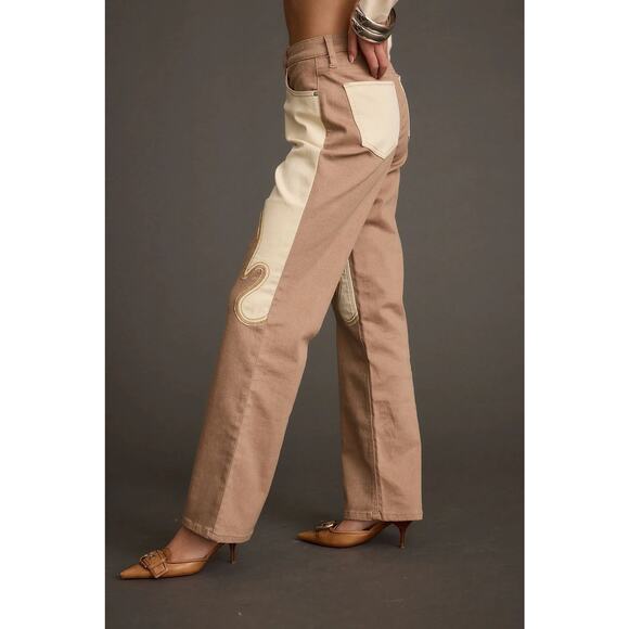 NWT 12th Tribe Tan White Western High Waist Cotton Straight Jeans 30 - Picture 6 of 6
